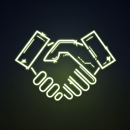 Neon-Icon eines Handschlags – Symbol für Fairness und Gemeinschaft bei StepnGo-Haus